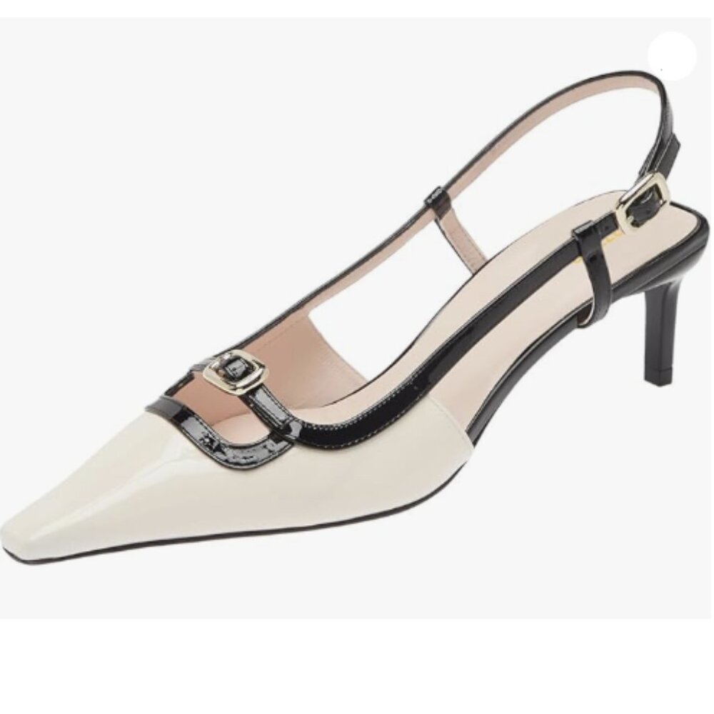 Pazzion Women Square Toe Stiletto Heeled Slingback Pumps Two Toned White Black